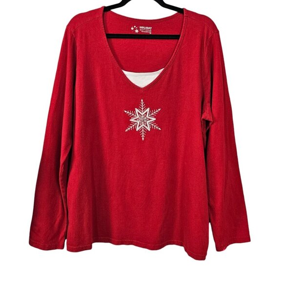 Holiday Editions Long Sleeve Sequin Snowflake V Neck Red Christmas Top - Picture 1 of 8